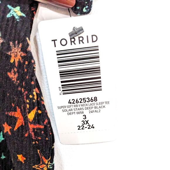 New Torrid Womens 3X Top Super Soft Rib V Neck Lace Sleep Tee Rainbow Stars - Picture 6 of 6